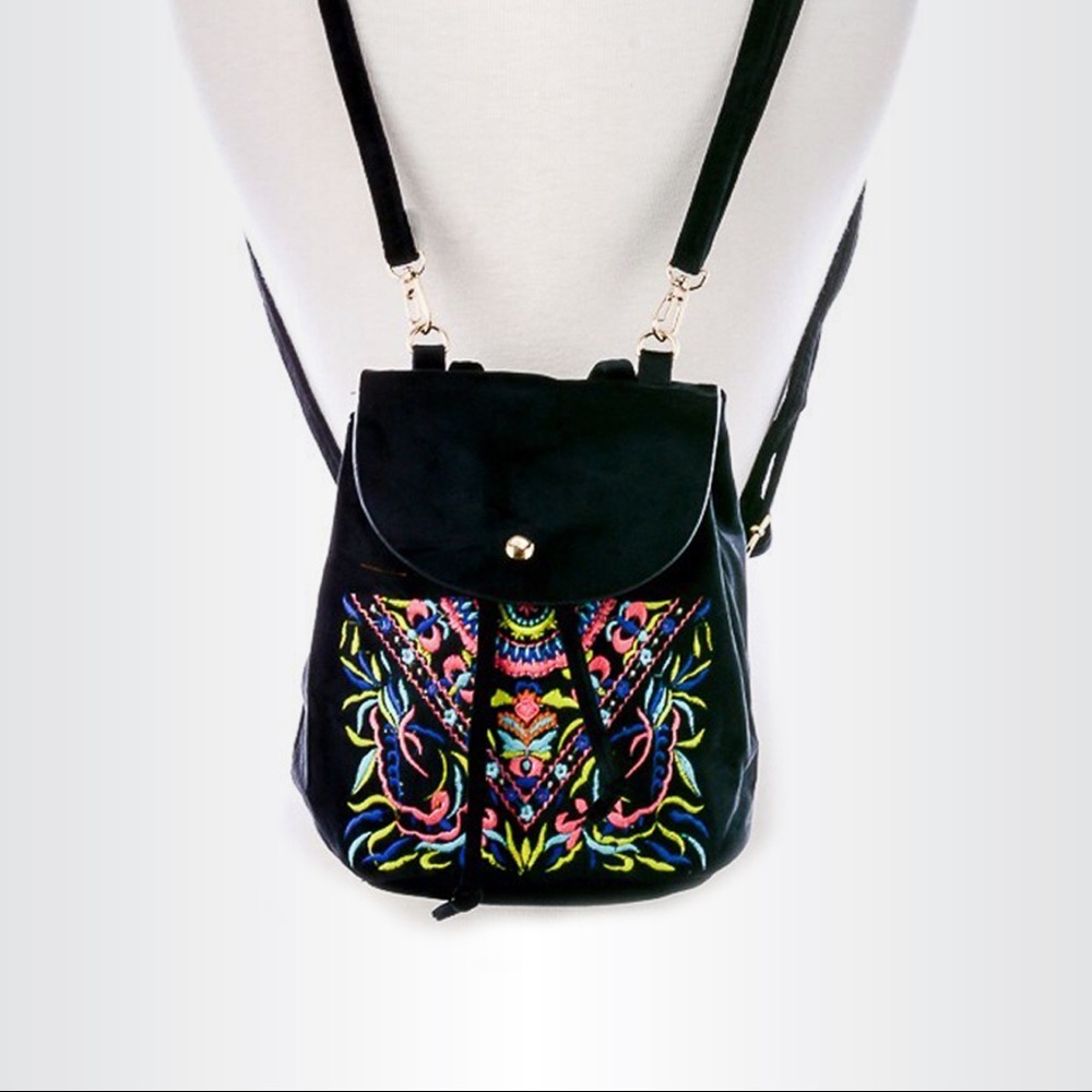 Black Velvet Embroidered Mini Backpack